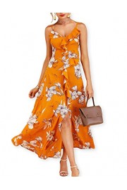 AOOKSMERY Women Ginger Ruffle Floral Criss Cross Straps A Line Split Maxi Dress - My look - $22.99 