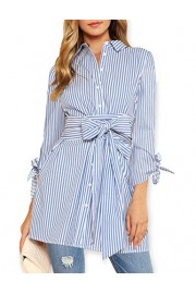AOOKSMERY Women Summer Casual Long Sleeve Stripes Button up Short Dress with Belt - My look - $25.99 
