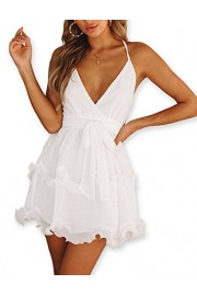 AOOKSMERY Women Summer V-Neck Spaghetti Straps Backless Ruffle Wrap Chiffon Mini Dress - My look - $18.99 