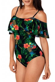 Aixy Women One Piece Vintage Floral Leaf Print Flounce Ruffled Off Shoulder Swimsuit Swimwear - Moj look - $49.99  ~ 42.94€