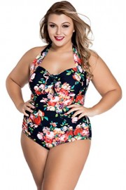 Aleumdr Womens Floral Printed Key Hole Front Halter Backless One Piece Swimsuit Plus Size XL - XXXXL - My look - $18.99 