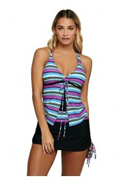 Aleumdr Womens Plunge V Neck Criss Cross Back Ties Striped Tankini Swimsuit with Pantskirt - Myファッションスナップ - $15.99  ~ ¥1,800