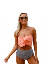 Aleumdr Womens Thin Shoulder Straps Ruched High-Waisted Bikini Swimsuit - Moj look - $9.99  ~ 8.58€