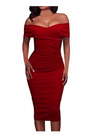 AlvaQ Women's Sexy Ruched Off Shoulder V Neck Bodycon Club Midi Dress - Moj look - $14.25  ~ 90,52kn