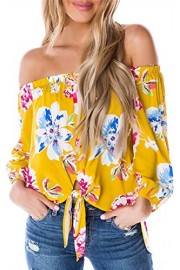 Angashion Women's Floral Tops - Casual Off Shoulder Long Sleeve Tie Front High Low Blouse Tunic Shirt - My look - $15.99 