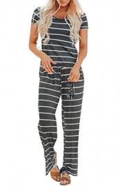 Angashion Women's Jumpsuits - Short Sleeves Round Neck Striped Wide Long Pants Romper with Pockets - My look - $22.99 