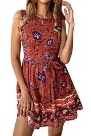 Angashion Women's O Neck Floral Print Swing Mini Dress Sleeveless Zip Up Summer Beach Dress with Belt - Moj look - $24.99  ~ 21.46€