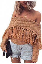 Angashion Women's Sexy Off Shoulder Long Sleeve Slim Fit Fringe Knit Crop Top Sweater - My look - $24.99 