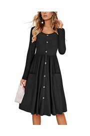 Asskdan Women's Dress Round Neck Long Sleeve A Line Midi Casual Swing Dress Button Down Dress with Pockets - My look - $27.99 