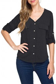 BBX Lephsnt Casual Button Down Shirt Long Sleeve Roll-up Sleeve Cotton V Neck Blouse （S-XXL） - Moj look - $9.99  ~ 8.58€