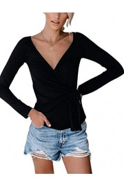 BMJL Women's V Neck Long Sleeve T Shirt Wrap Top Slim Fit Tie Knot Blouse - Moj look - $20.99  ~ 18.03€
