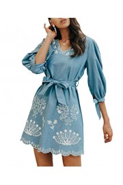 BerryGo Women's Casual Embroidered Denim Dress V Neck Belted Shirt Dress - My look - $40.99 