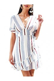 BerryGo Women's Casual Short Sleeve Striped Mini Dress Deep V Neck Dress with Ruffles - Mi look - $24.99  ~ 21.46€