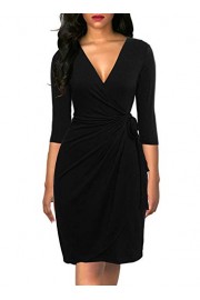 Berydress Women's Classic 3/4 Sleeve V Neck Sheath Casual Party Work Faux Black Wrap Dress - My look - $39.90 