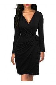 Berydress Women's Classic V-Neck Long Sleeve Casual Party Work Belted Knee-Length Sheath Faux Black Wrap Dress - My look - $42.90 