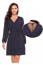 Beyove Women's Casual Rayon Polka Dot V-Neck Lace Stitching Long Sleeve A-Line Wrap Dress With Belt - Moj look - $6.99  ~ 6.00€
