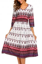 Beyove Women's Ethnic Floral Print 3/4 Sleeve V Neck Drawstring Tie Waist Maxi Dress - Moj look - $9.00  ~ 7.73€