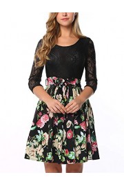 Beyove Women's Lace Dress 3/4 Sleeves Removable Belt Floral Print Fit and Flare Midi Dress - Moj look - $8.99  ~ 7.72€
