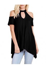 Blooming Jelly Women's Short Sleeve Chocker Neck Asymmetric Hem Shirt Keyhole Cold Shoulder Tops Blouse - Moj look - $18.99  ~ 16.31€