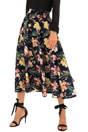 CHARTOU Women's Vintage Color-Block Floral Print Elastic-Waist Pleated A-Line Skater Skirts - My look - $19.99 