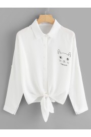 Cartoon Print Knotted Shirt - My时装实拍 - $15.00  ~ ¥100.51