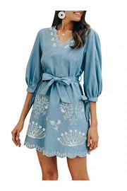 Conmoto Women's Casual V Neck Denim Shirt Dress Tie Waist Loose Fit Jeans Mini Dress - Myファッションスナップ - $18.99  ~ ¥2,137