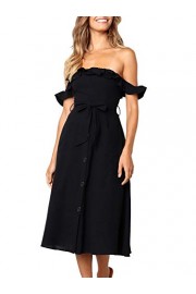 Conmoto Women's Ruffle Off Shoulder Cotton Dress Button Down Midi Dress with Pockets - My时装实拍 - $25.99  ~ ¥174.14