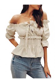 Conmoto Women's Ruffle Tie Off Shoulder Tops Short Sleeve Peplum Blouse Shirt - Moj look - $14.99  ~ 12.87€