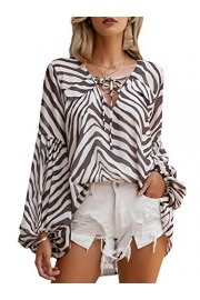 Conmoto Women's V Neck Bell Long Sleeve Loose Blouse Stripe Chiffon Long Tops Shirt - Myファッションスナップ - $17.99  ~ ¥2,025