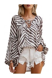 Conmoto Women's V Neck Bell Long Sleeve Loose Blouse Stripe Chiffon Long Tops Shirt - My时装实拍 - $17.99  ~ ¥120.54