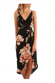 Dearlovers Womens Wrap V Neck Floral Print Casual Midi Beach Dress Medium Size Black02 - Myファッションスナップ - $19.99  ~ ¥2,250