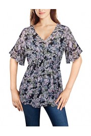 Dimildm Women's Floral Chiffon Poncho Tunic Top V Neck Short Sleeve Semi Sheer Loose Casual Summer Blouse - Myファッションスナップ - $49.99  ~ ¥5,626