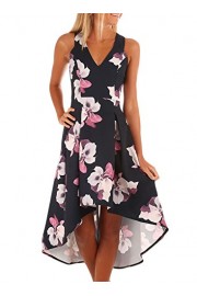 Dokotoo Womens Ladies Summer Fashion V Neck Floral Print Sleeveless High Low High Waist Swing Flowy Skater Midi Party Cocktail Dress Large - My look - $26.99 