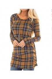 Doramode Women's Round Neck Long Sleeves Plaid Print Tunic Ruched Sides Wrap Short Slim Fit Casual T-Shirt Dress - Il mio sguardo - $29.99  ~ 25.76€