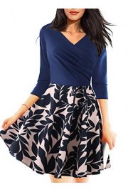 Drimmaks Women's 3/4 Sleeve Wrap V Neck Ruched Floral Casual A Line Skater Dress - My look - $14.99 