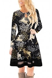 ECOWISH Womens Christmas Santa Claus Long Sleeve Floral Print Flared Skater Cocktail Dress 1209 M - My look - $5.99 