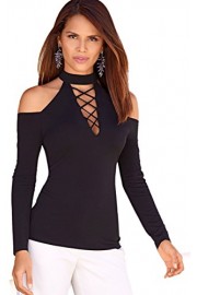 ECOWISH Womens Cut Out Shoulder Tops Halter Neck Lace Up Shirt Basic Tee Blouse - My look - $14.39 