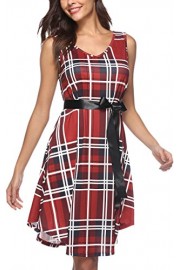 ECOWISH Womens Dresses Summer Plaid Striped Sleeveless V Neck Belted A-Line Casual Midi Dress - Mi look - $6.99  ~ 6.00€