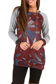 ECOWISH Womens Floral Shirts Long Sleeve Feather Printed Blouse Patchwork Loose Casual Tunic T-Shirt Tops - My look - $6.99 