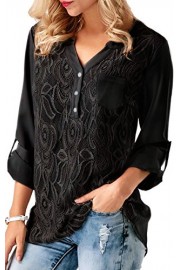 ECOWISH Womens Lace Stitching Long Sleeve Blouses Back Buttons Shirts V Neck Solid Tops - Moj look - $5.99  ~ 38,05kn