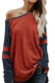 ECOWISH Womens Off One Shoulder Contrast Sleeves Striped Pullover Knit Sweater Loose Winter Tops - Mi look - $5.99  ~ 5.14€