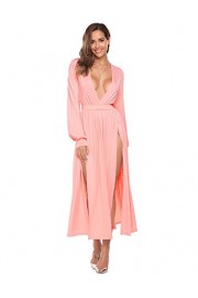 ELESOL Women Casual Deep V-Neck Long Sleeve Solid Elastic Waist Split Hem Sexy Long Dress - O meu olhar - $19.99  ~ 17.17€