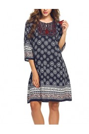 ELESOL Women's Tribal Print Tassel Tie Neck Tunic Dress Navy Blue L - Моя внешность - $15.49  ~ 13.30€