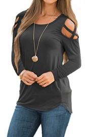 EZBELLE Women's Strappy Cold Shoulder Tops Long Sleeve T Shirt Plain Loose Tunic Blouses - Mi look - $8.99  ~ 7.72€