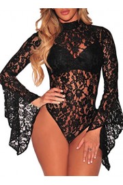 Elapsy Womens Sexy Sheer Floral Lace Teddy Lingerie One Piece Babydoll Long Bell Sleeve Bodysuit - My时装实拍 - $22.99  ~ ¥154.04