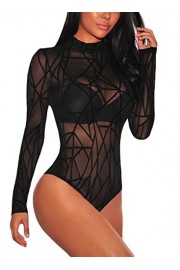 Elapsy Womens Sexy Sheer Mesh Long Sleeve Geometric Velvet Bodysuit Teddies Club Tops - My look - $20.00 