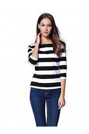 FENSACE Womens 3/4 Sleeve Round Neck Casual Stripes T-Shirt - Myファッションスナップ - $16.88  ~ ¥1,900