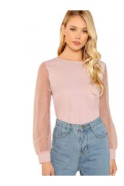 Floerns Women's Pearl Beading Sheer Mesh Sleeve Blouse Tops - Il mio sguardo - $16.99  ~ 14.59€