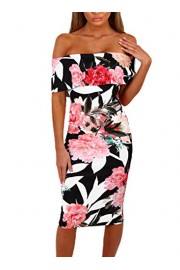 Happy Sailed Women Off Shoulder Floral Print Bodycon Party Midi Summer Dresses - Mi look - $9.99  ~ 8.58€