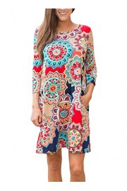 Happy Sailed Women Summer Casual Round Neck 3/4 Sleeve Floral Printed Swing Dresses With Pockets - My look - $9.99 